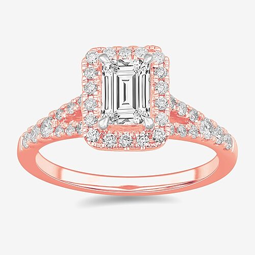 Signature By Modern Bride (G-H / Si1-Si2) Womens 1 3/8 CT. T.W. Lab Grown White Diamond 14K Gold Emerald Side Stone Engagement Ring, 9, Rose