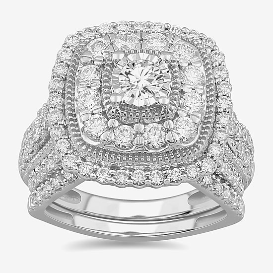 (G-H / Si1-Si2) Womens 2 CT. T.W. Lab Grown White Diamond 10K Gold Cushion Side Stone Bridal Set