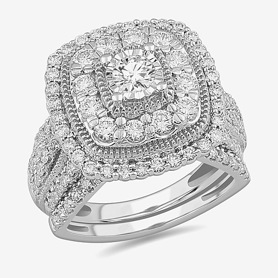 (G-H / Si1-Si2) Womens 2 CT. T.W. Lab Grown White Diamond 10K Gold Cushion Side Stone Bridal Set