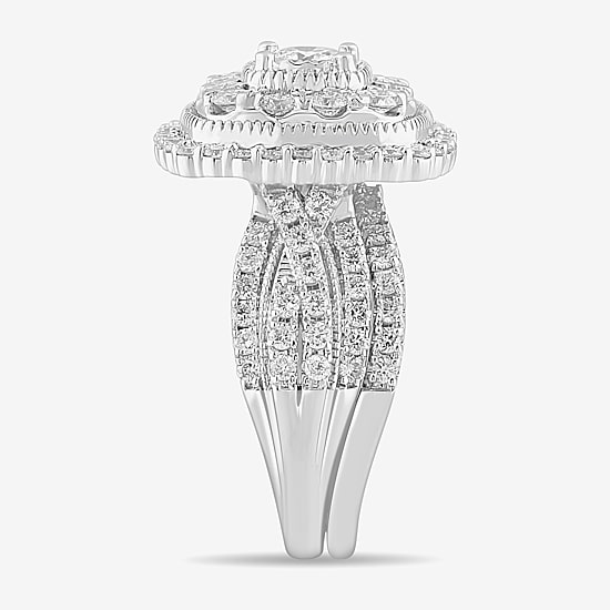 (G-H / Si1-Si2) Womens 2 CT. T.W. Lab Grown White Diamond 10K Gold Cushion Side Stone Bridal Set