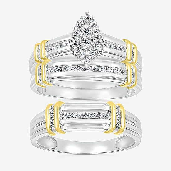 3PC His and Hers Trio Wedding Set Featuring 1/4 CT. T.W. Natural White Diamond 10K Two Tone Gold Marquise Halo Side Stone Ring Set