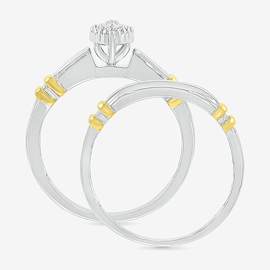3PC His and Hers Trio Wedding Set Featuring 1/4 CT. T.W. Natural White Diamond 10K Two Tone Gold Marquise Halo Side Stone Ring Set