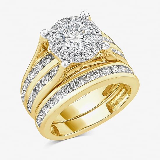 (G / Si1-Si2) Womens 3 CT. T.W. Lab Grown White Diamond 10K Gold Round Side Stone Halo Bridal Set