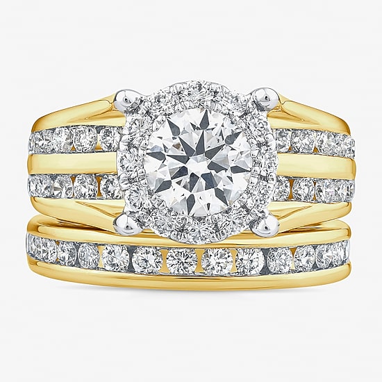 (G / Si1-Si2) Womens 3 CT. T.W. Lab Grown White Diamond 10K Gold Round Side Stone Halo Bridal Set