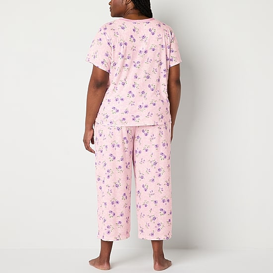 Adonna Womens Round Neck Short Sleeve 2-pc. Plus Pajama Set