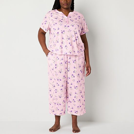Adonna Womens Round Neck Short Sleeve 2-pc. Plus Pajama Set