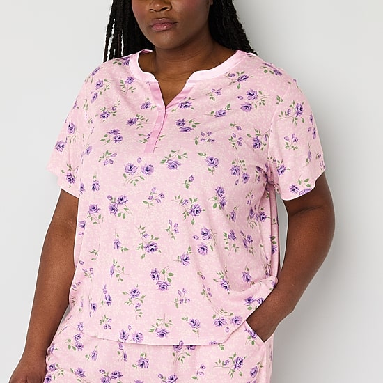 Adonna Womens Round Neck Short Sleeve 2-pc. Plus Pajama Set
