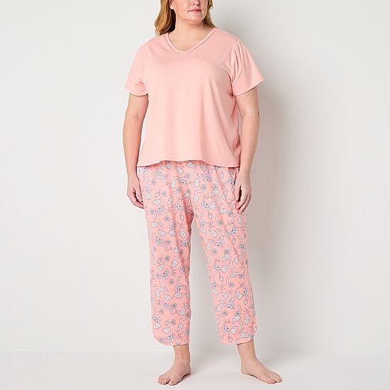 Liz Claiborne Womens V-Neck Short Sleeve 2-pc. Plus Pajama Set