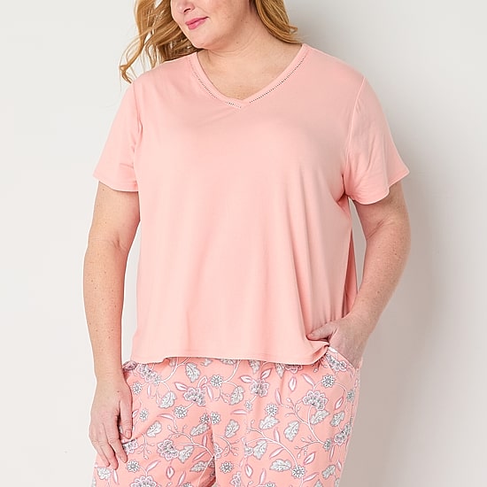 Liz Claiborne Womens V-Neck Short Sleeve 2-pc. Plus Pajama Set