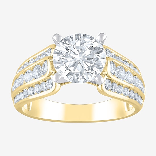 (F / Vs2) Womens 3 CT. T.W. Lab Grown White Diamond 10K Gold Round Side Stone Engagement Ring