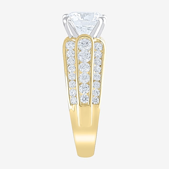 (F / Vs2) Womens 3 CT. T.W. Lab Grown White Diamond 10K Gold Round Side Stone Engagement Ring