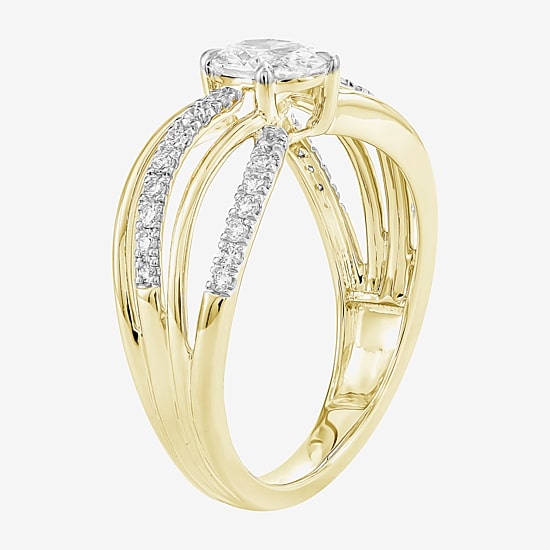 (F / Si2) Womens 1 CT. T.W. Lab Grown White Diamond 10K Gold Round Crossover Side Stone Cocktail Ring