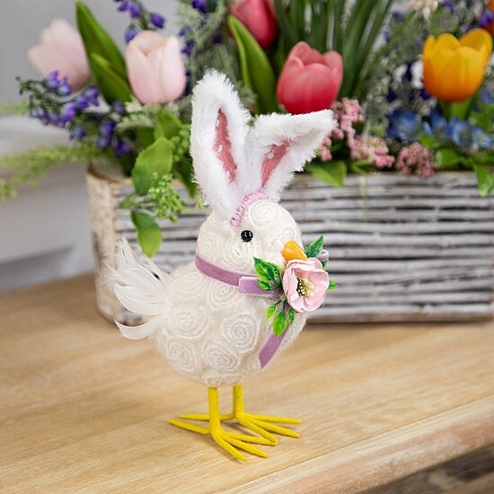 Northlight 9" Floral Chick With Polka Dot Faux Fur Rabbit Ears Easter Figurine