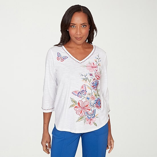 Alfred Dunner Womens V Neck 3/4 Sleeve T-Shirt
