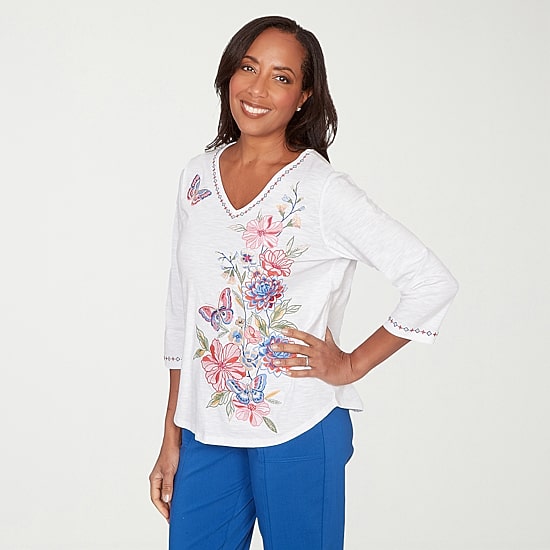 Alfred Dunner Womens V Neck 3/4 Sleeve T-Shirt