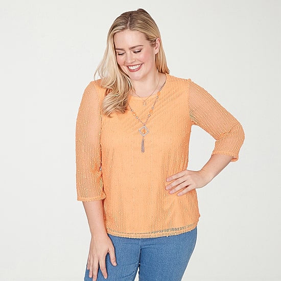 Alfred Dunner Beachcomber Womens Crew Neck 3/4 Sleeve T-Shirt