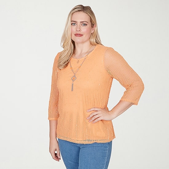 Alfred Dunner Beachcomber Womens Crew Neck 3/4 Sleeve T-Shirt