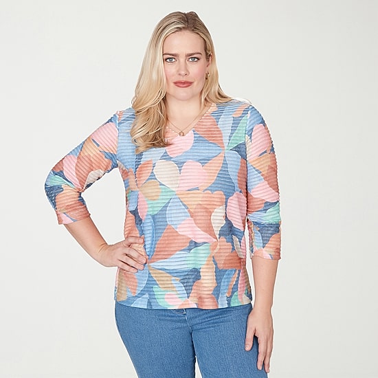 Alfred Dunner Beachcomber Womens V Neck 3/4 Sleeve T-Shirt