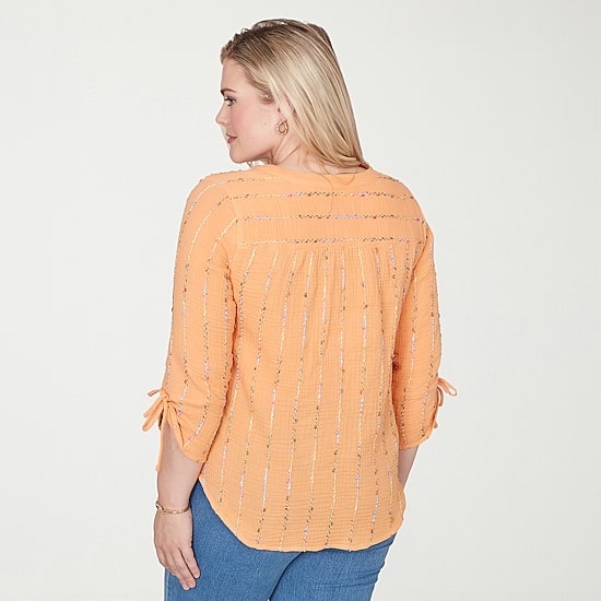 Alfred Dunner Beachcomber Womens Split Crew Neck 3/4 Sleeve Blouse