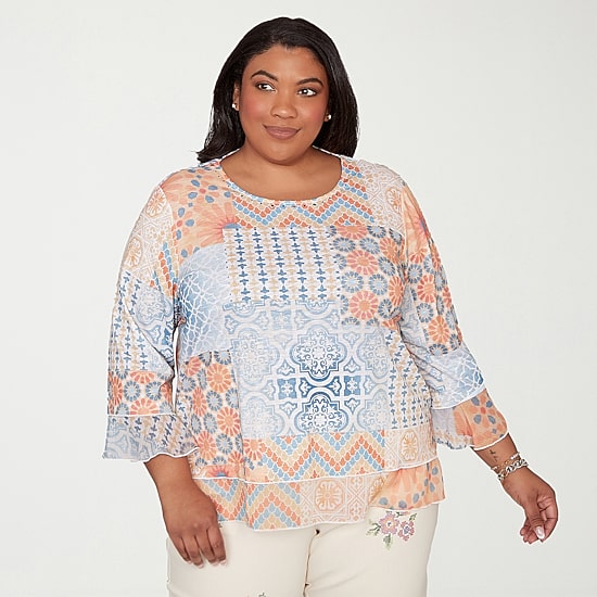 Alfred Dunner Beachcomber Womens Plus Crew Neck 3/4 Sleeve T-Shirt