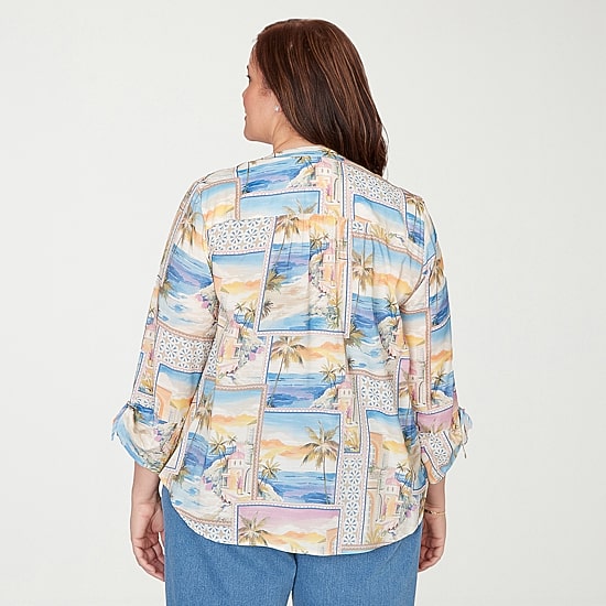 Alfred Dunner Beachcomber Womens Plus Split Crew Neck 3/4 Sleeve Blouse