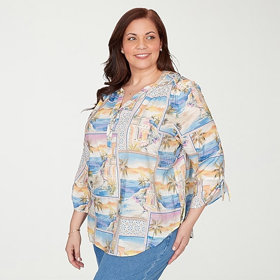 Alfred Dunner Beachcomber Womens Plus Split Crew Neck 3/4 Sleeve Blouse
