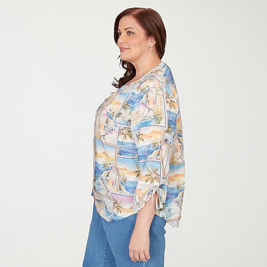 Alfred Dunner Beachcomber Womens Plus Split Crew Neck 3/4 Sleeve Blouse