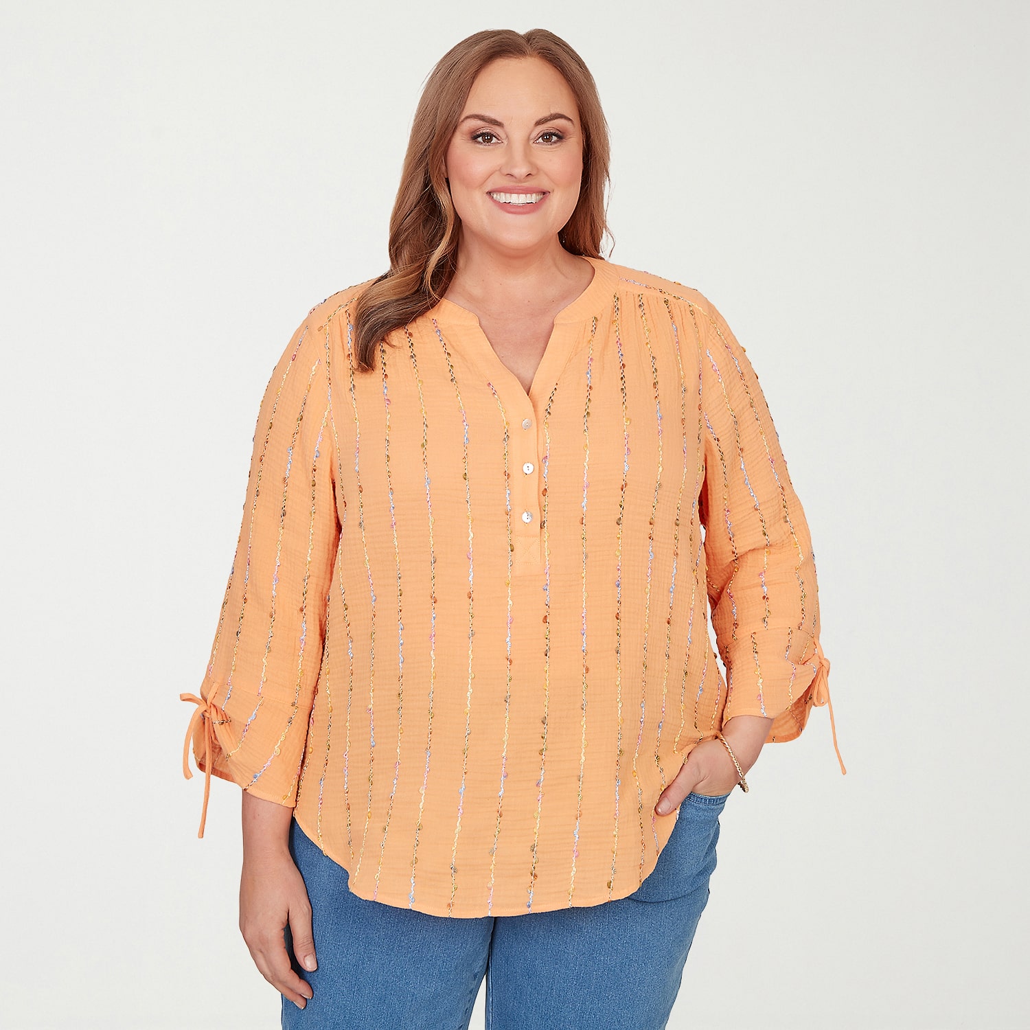 Alfred Dunner Beachcomber Womens Plus Split Crew Neck 3/4 Sleeve Blouse