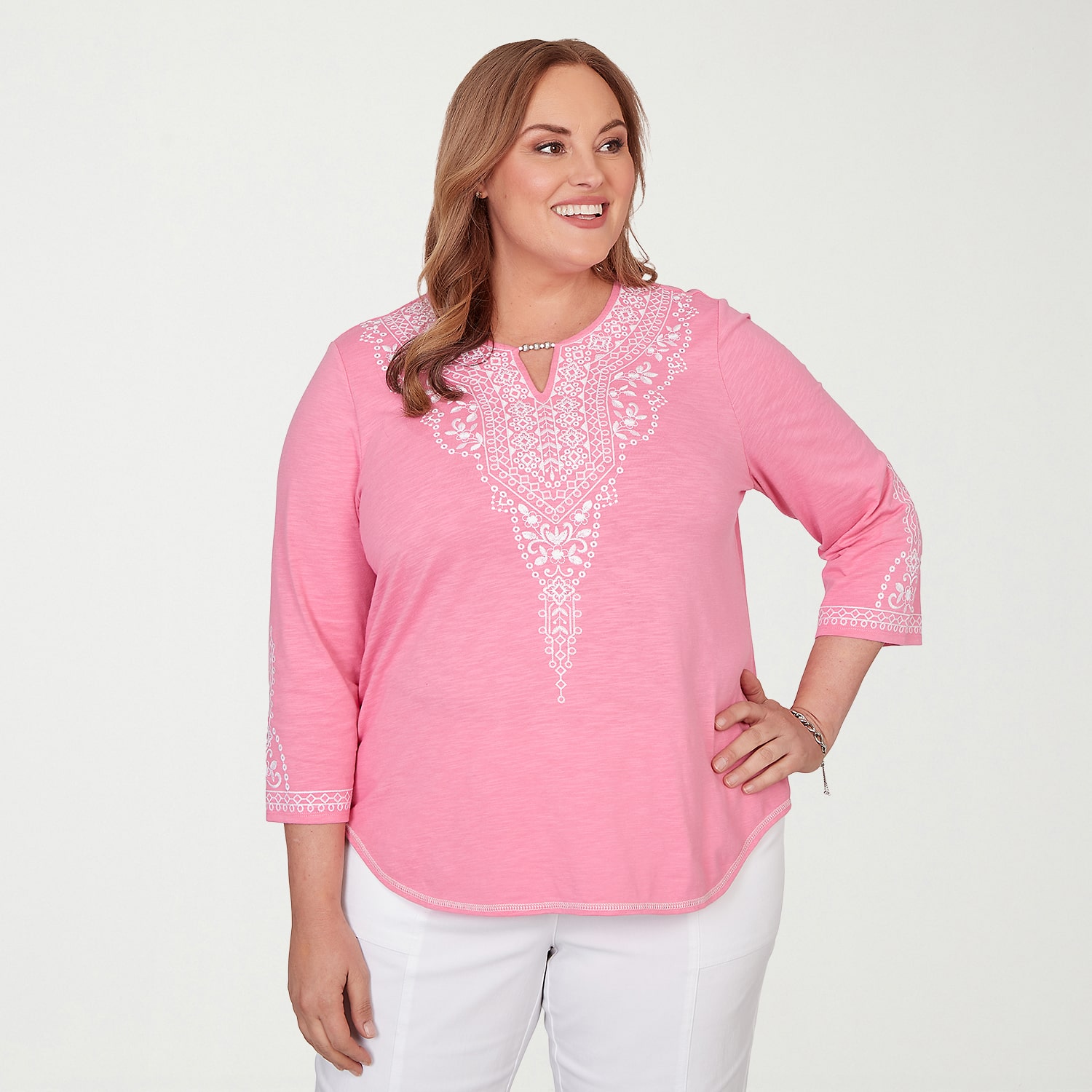 Alfred Dunner Womens Plus Split Crew Neck 3/4 Sleeve T-Shirt