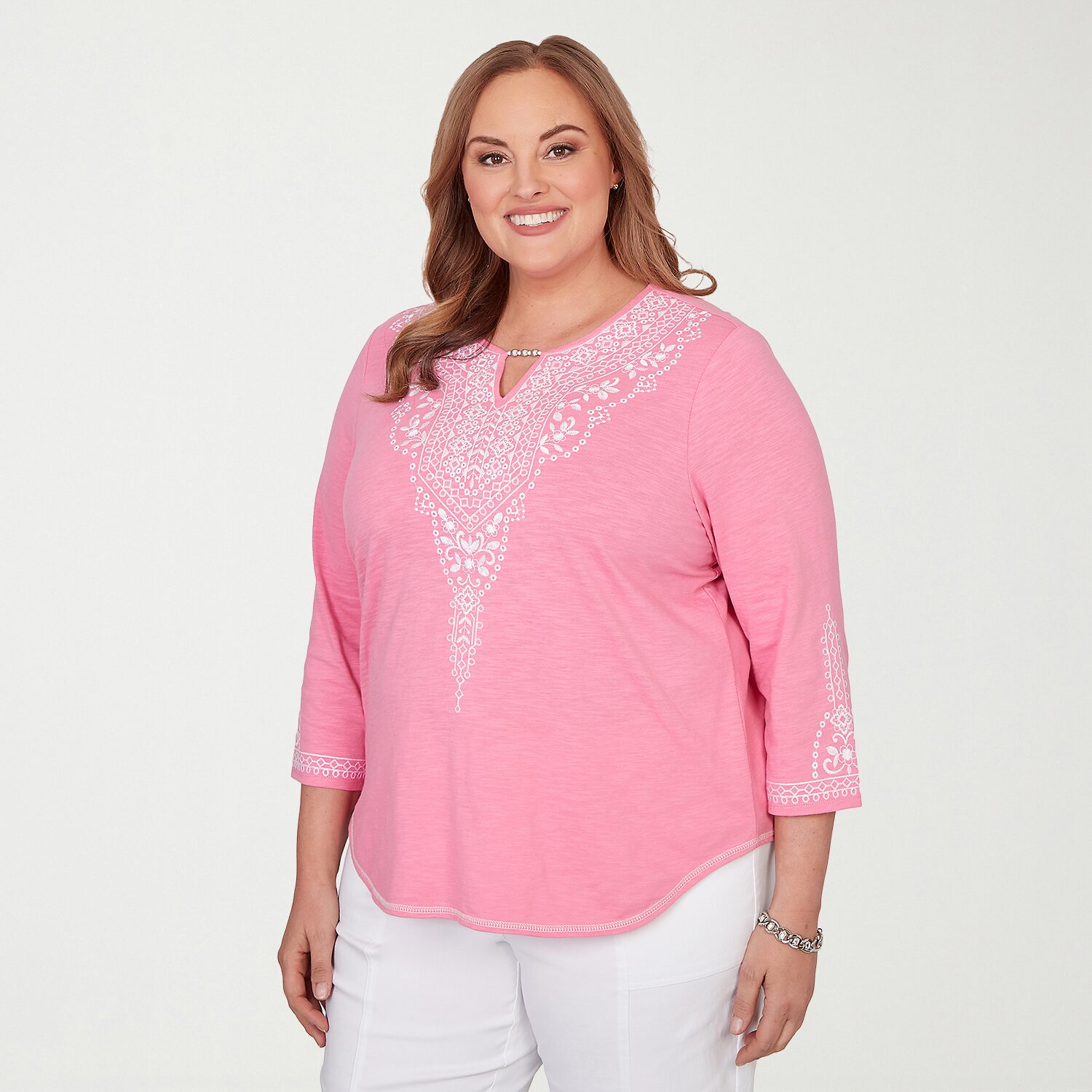 Alfred Dunner Womens Plus Split Crew Neck 3/4 Sleeve T-Shirt