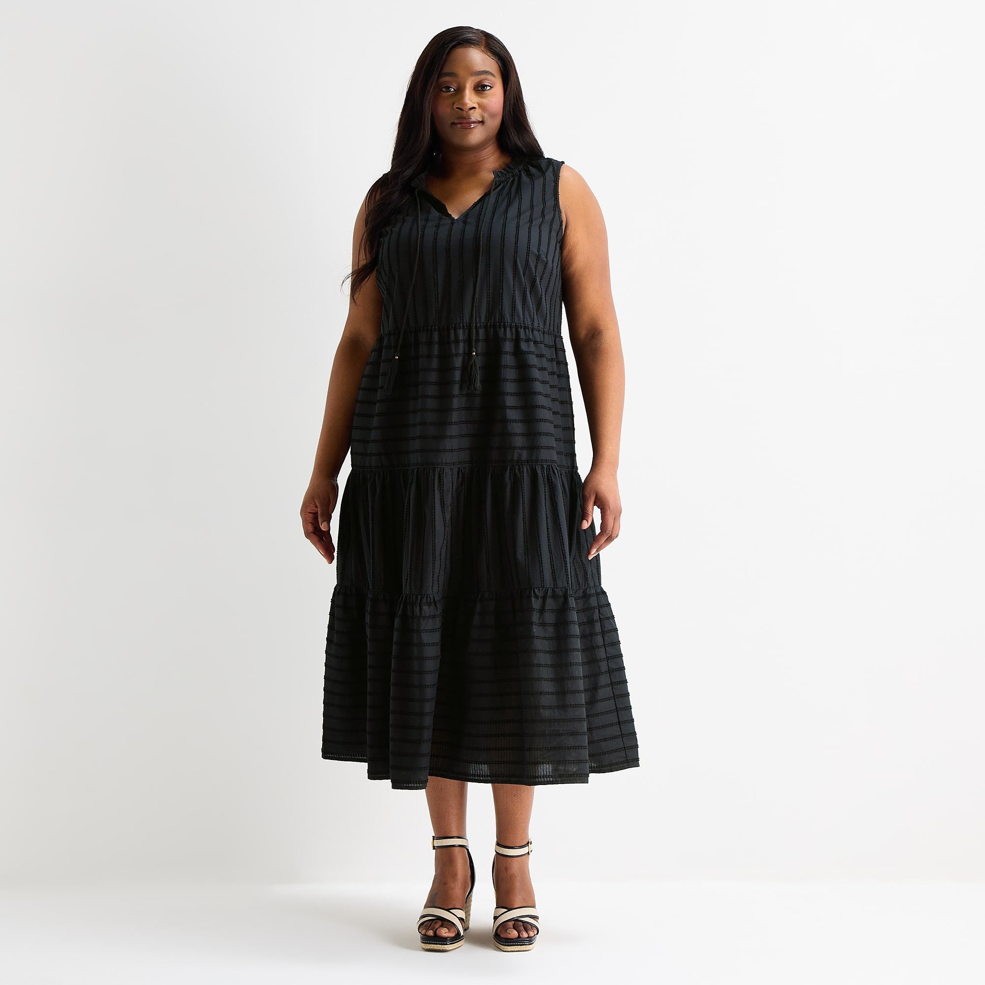 Liz Claiborne Womens Plus Midi V Neck Sleeveless Peasant Dress