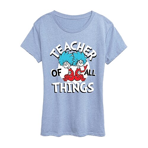 Air Waves Teacher Of All Things Womens Scoop Neck Short Sleeve Classic Fit Dr. Seuss Graphic T-shirt In Blue