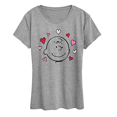 Charlie Face With Hearts Womens Crew Neck Short Sleeve Classic Fit Peanuts Graphic T-Shirt, X-large, Gray