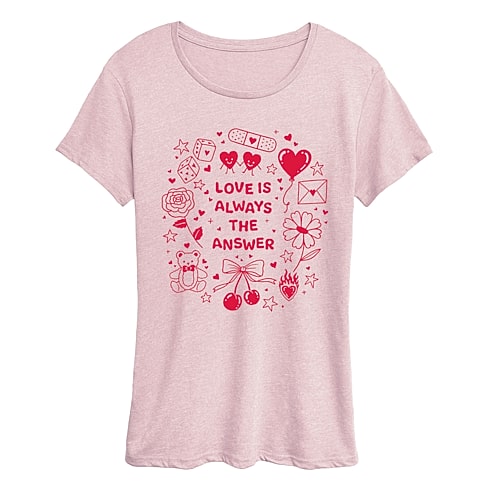 Air Waves Love Always Answer Womens Womens Crew Neck Short Sleeve Classic Fit Graphic T-shirt In Pink