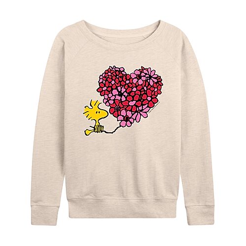 Woodstock Floral Heart Womens Boat Neck Long Sleeve Classic Fit Peanuts Graphic T-Shirt, Xx-large, Beige