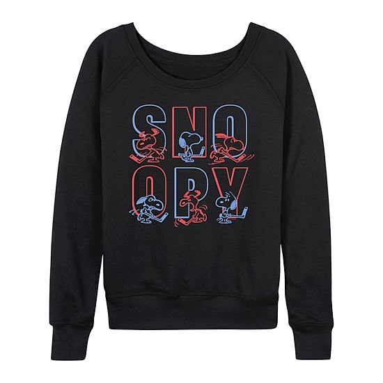 Hockey Snoopy Womens Boat Neck Long Sleeve Classic Fit Peanuts Graphic T-Shirt