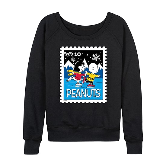 Lucy Charlie Winter Stamp Womens Boat Neck Long Sleeve Classic Fit Peanuts Graphic T-Shirt