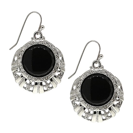 1928 Silver Tone Womens Black Drop Earrings