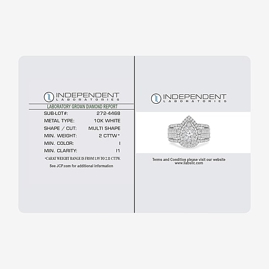 (I / I1) Womens 2 CT. T.W. Lab Grown White Diamond 10K Gold Pear Side Stone Halo Engagement Ring