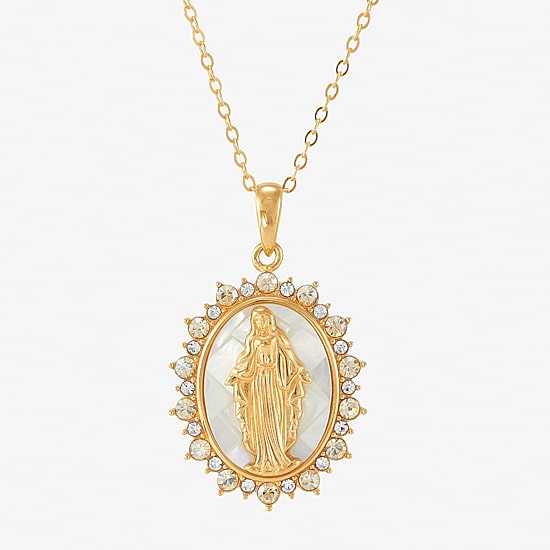 Miraculous Medal Womens White Mother Of Pearl 14K Gold Over Silver Oval 20 Inch Pendant Necklace