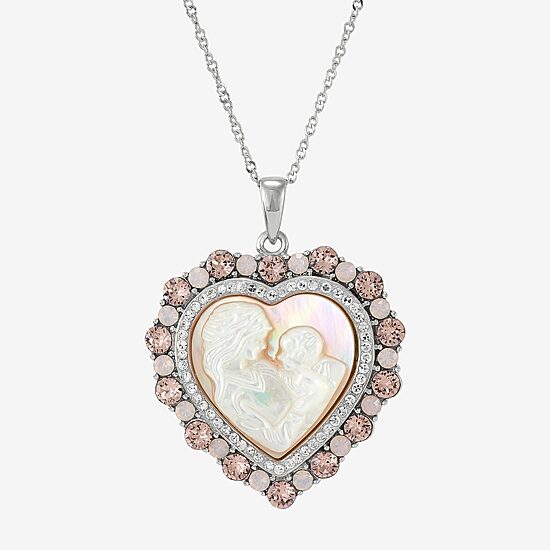 Womens Pink Mother Of Pearl Sterling Silver Cameo Heart 18 Inch Pendant Necklace