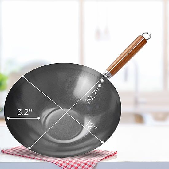Commercial Chef Carbon With Wood Handle 12 Inch Non-Stick Steel Wok