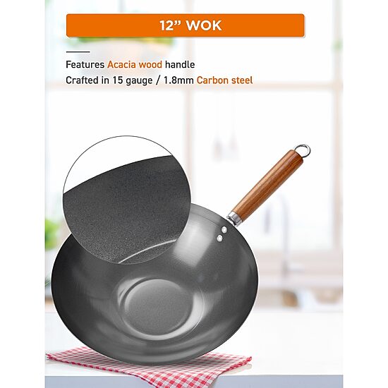 Commercial Chef Carbon With Wood Handle 12 Inch Non-Stick Steel Wok
