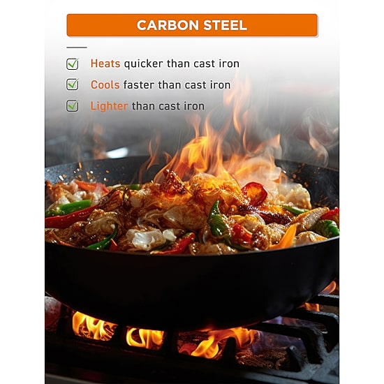 Commercial Chef Carbon With Wood Handle 12 Inch Non-Stick Steel Wok