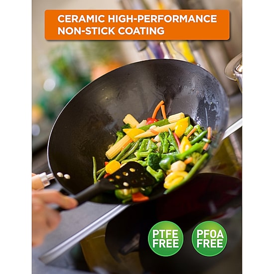 Commercial Chef Carbon With Wood Handle 12 Inch Non-Stick Steel Wok