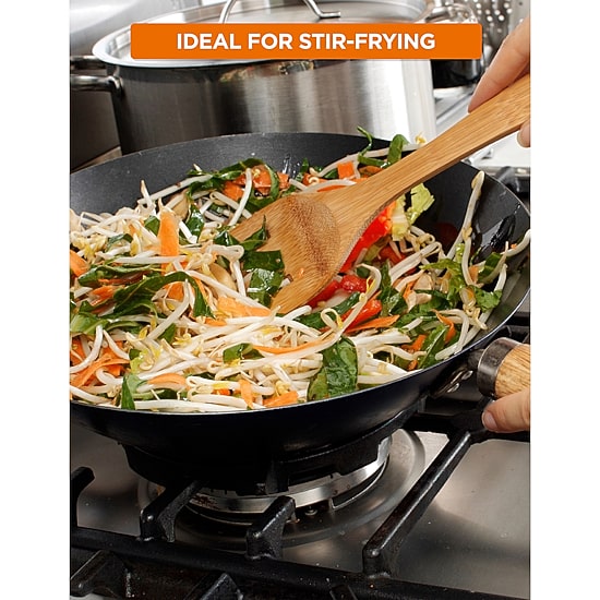 Commercial Chef Carbon With Wood Handle 12 Inch Non-Stick Steel Wok