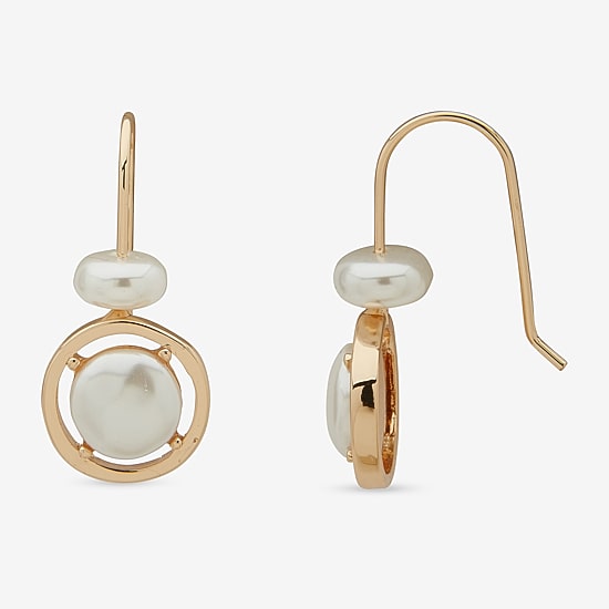 Worthington Gold Tone Womens White Simulated Pearl Oval Drop Earrings