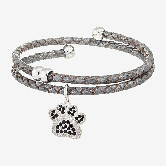 Sparkle Allure Leather Coil Paw Charm Womens Black Cubic Zirconia Pure Silver Over Brass Wrap Bracelet