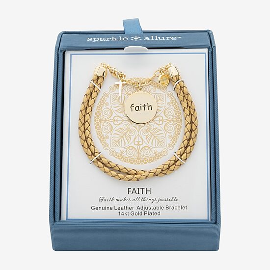 Sparkle Allure Leather Faith Womens Yellow Cubic Zirconia 14K Gold Over Brass Cross Round Charm Bracelet