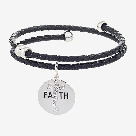 Sparkle Allure Black Leather Coil Faith Womens Cubic Zirconia Pure Silver Over Brass Wrap Bracelet